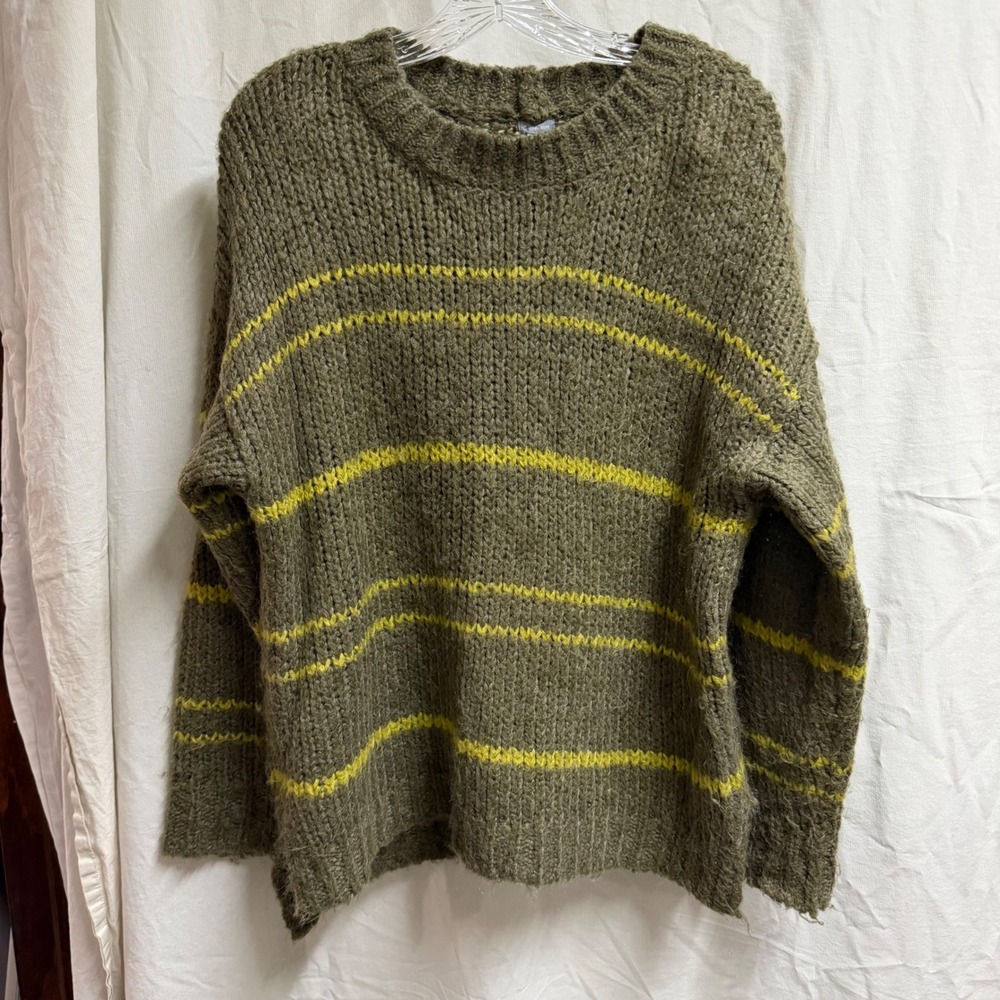 Aerie Womens XS Olive Green Yellow Striped Mohair Wool Blend Oversized Sweater